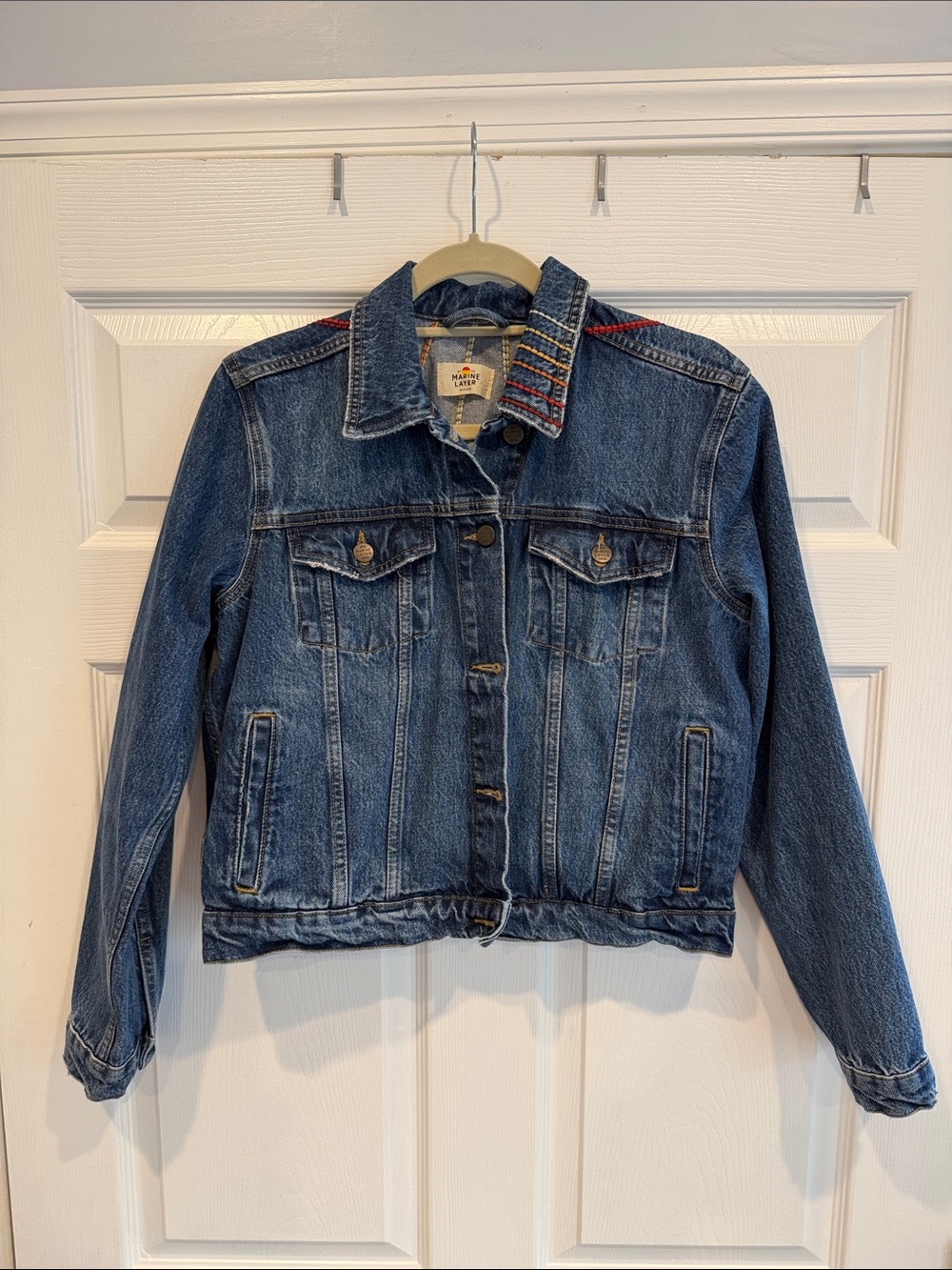 Marine Layer Trucker Jean Jacket with colorful embroidery